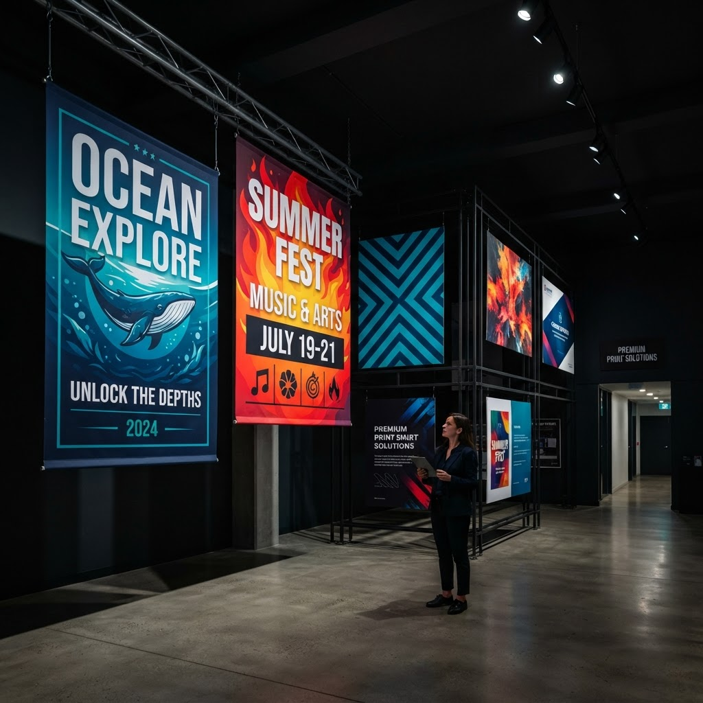 Vibrant large-format banners and posters produced in a print showroom