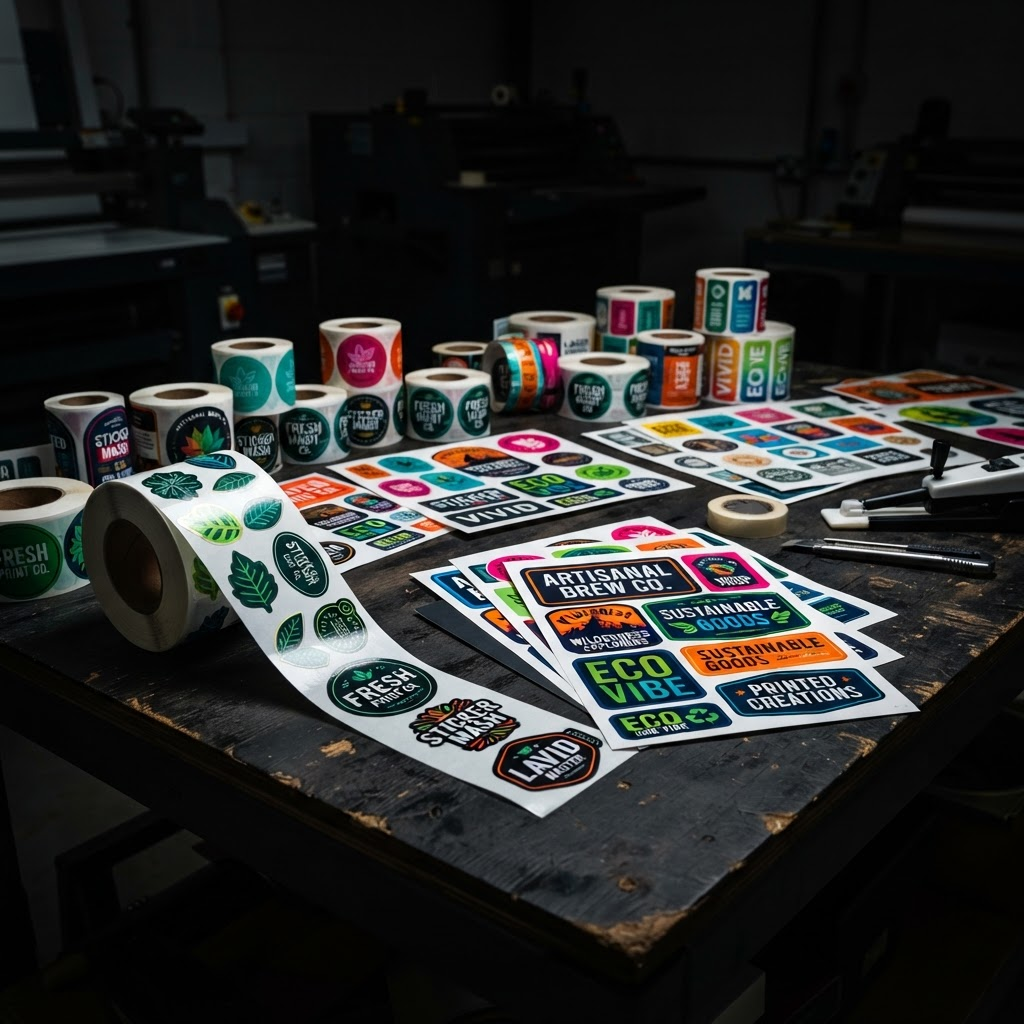 Rolls and sheets of vividly printed labels and decals