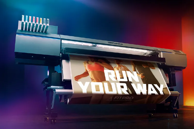Large-format printer producing vibrant color graphics in a print showroom